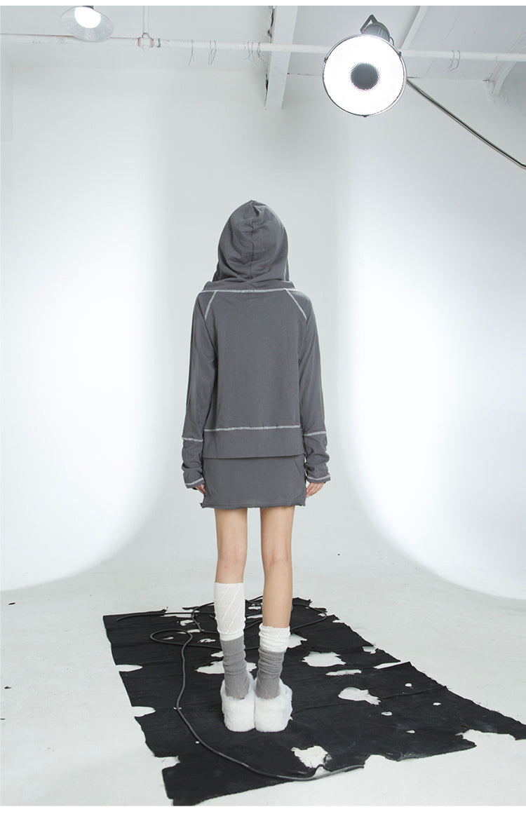 Loose Fit Zip Punk Hoodie & Short Length Sweatshirt Skirt