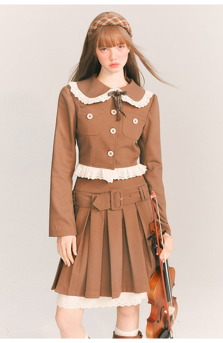 Short Length Frill Neck Jacket & Pleated Skirt Set-Up