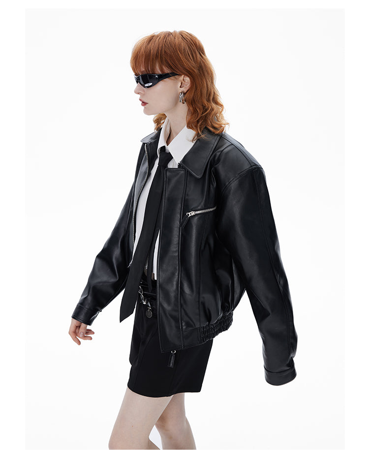 Short fit retro leather jacket