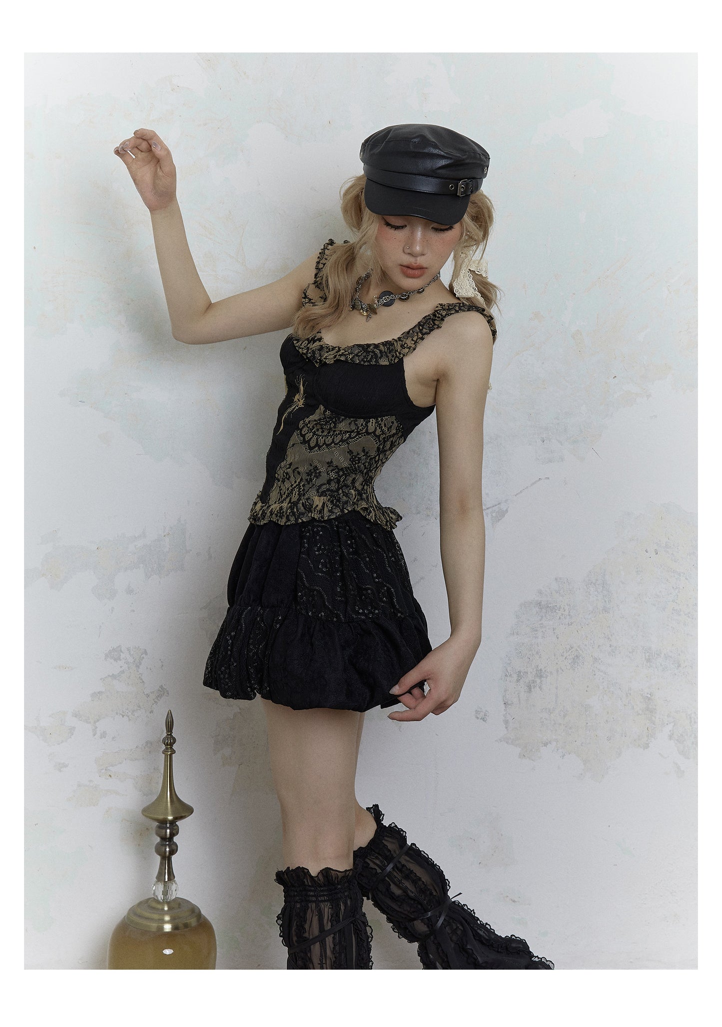 Retro Frilled Lace Jacquard Skirt