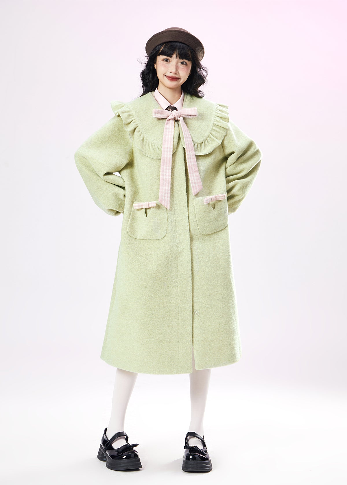 Original Design Green Collar Wool Coat Womens