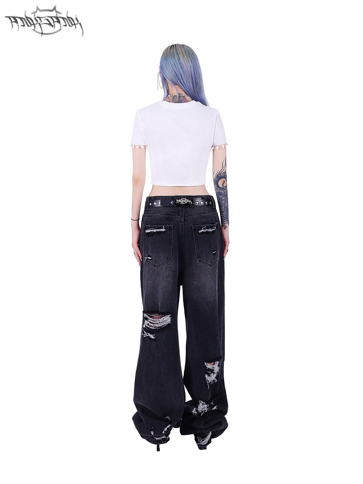 Wide Leg Irregular Damaged Denim Pants