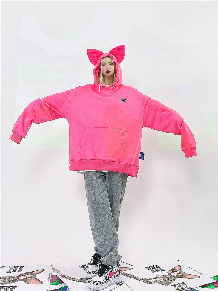 Loose Fit Cat Ear Simple Hoodie