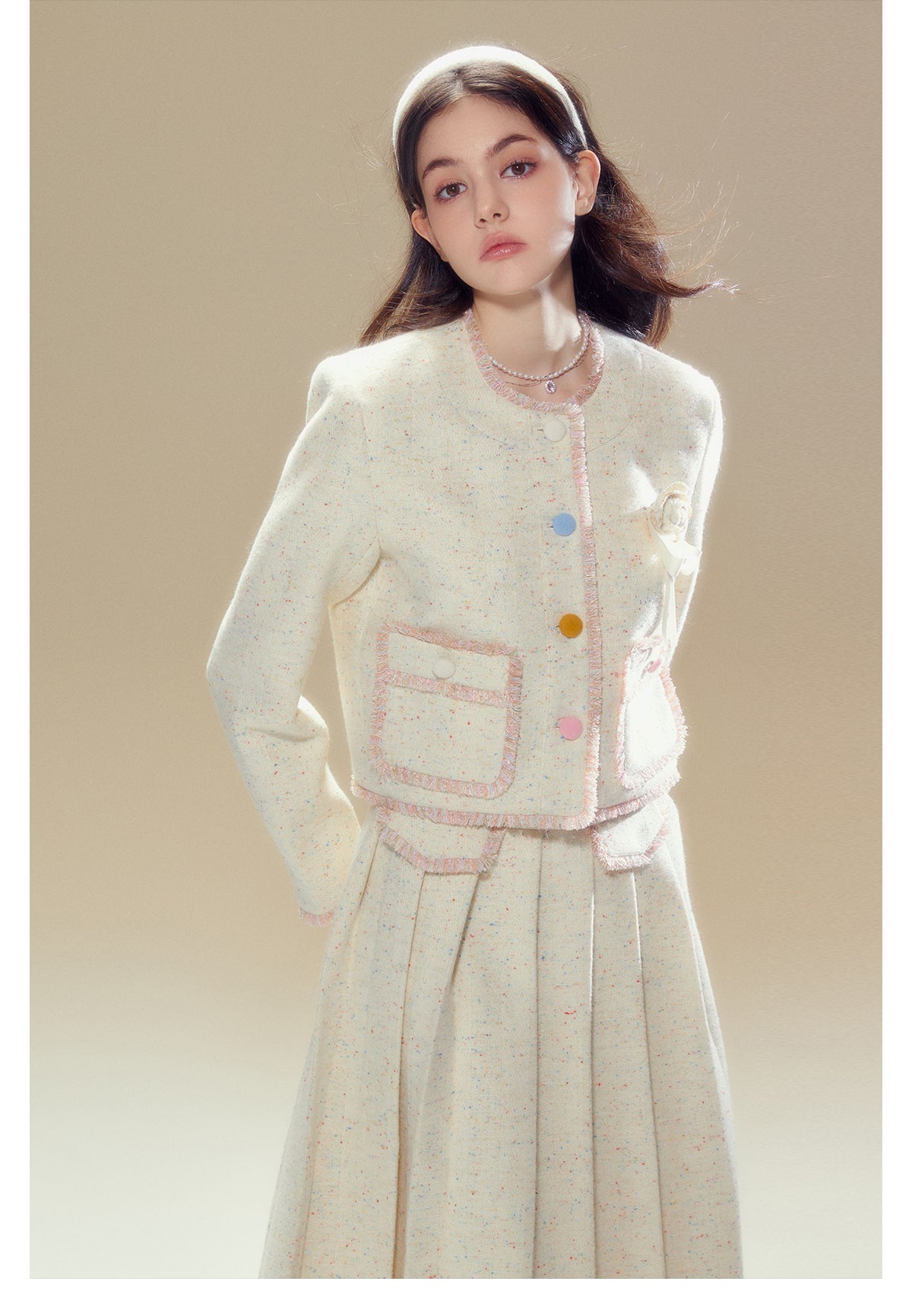 Girly Contrast Wool Ruffle Pocket Jacket & Long Woolen Skirt Setup