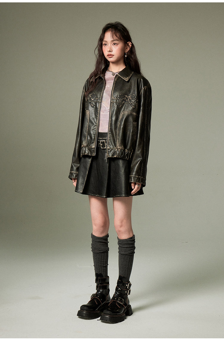 Retro Black Ribbon Leather Jacket