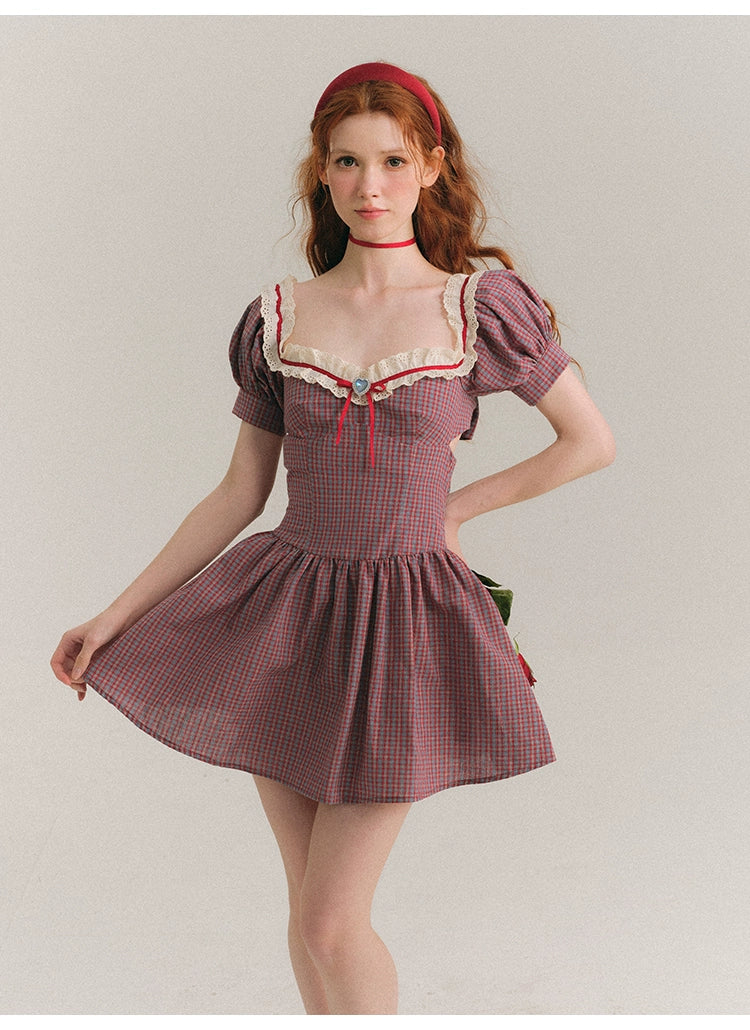 Square Neck Puff Sleeve Short Length Ribbon Dress