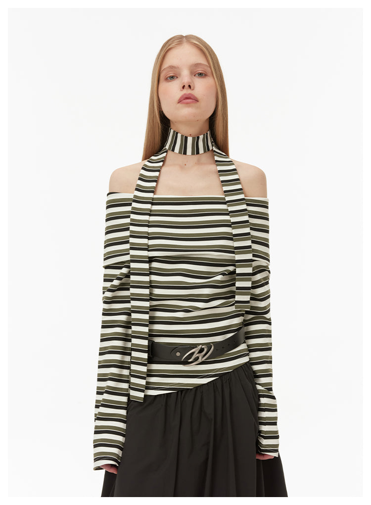 Off-shoulder neck strap striped knit