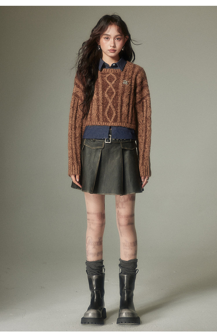 Short length retro knit & shirt faux two-piece