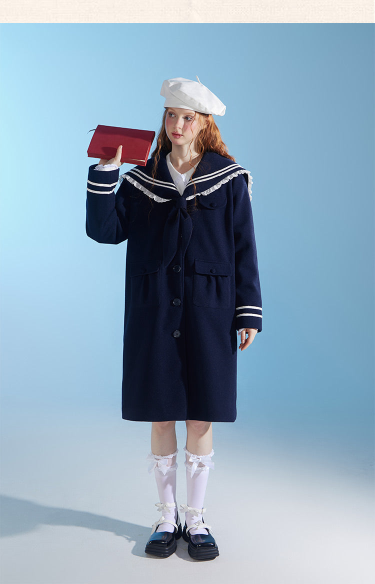 Original design college style navy mid-length wool coat