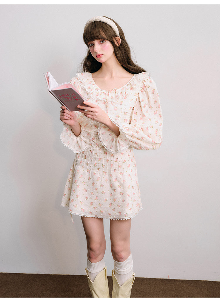 Rose Round Neck Ruffle Blouse &amp; Short Length Skirt Set-Up