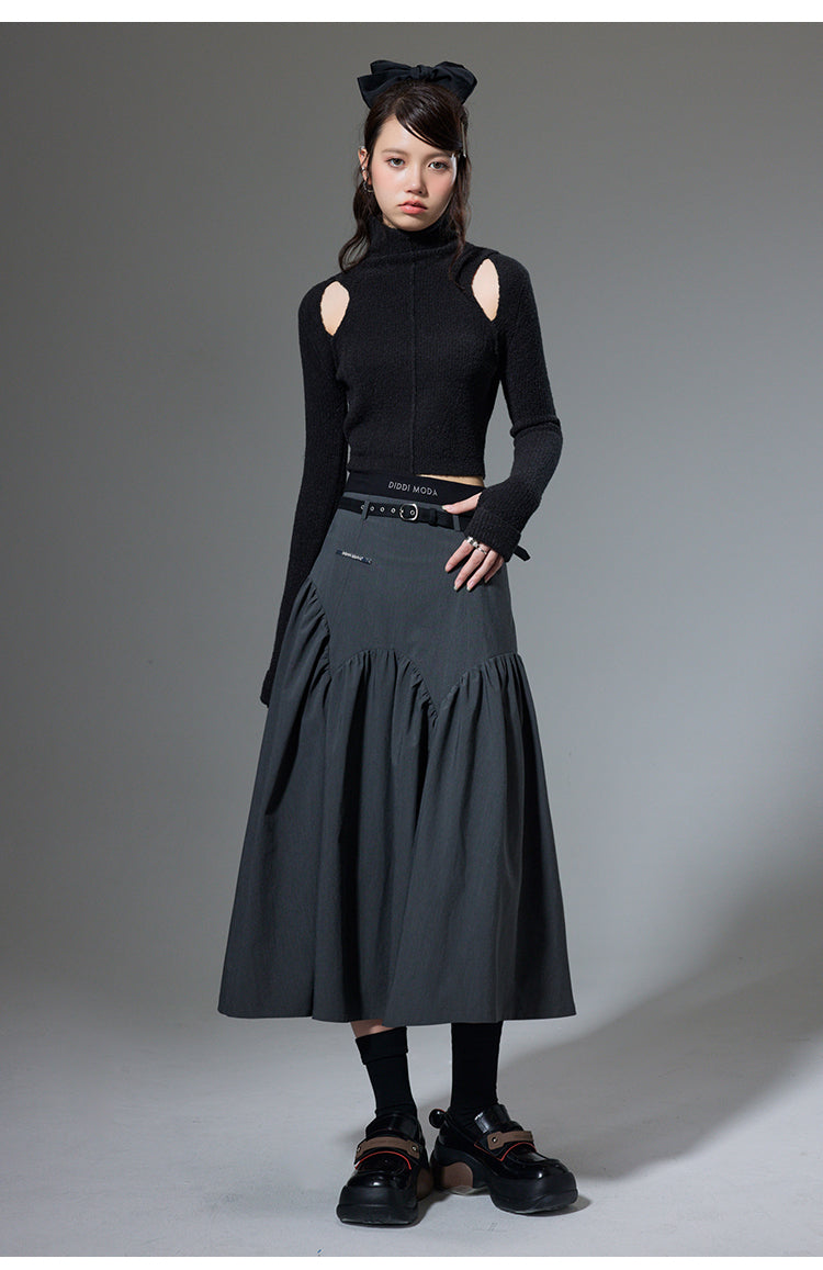 High Waist Stitch Pleated A-Line Long Skirt