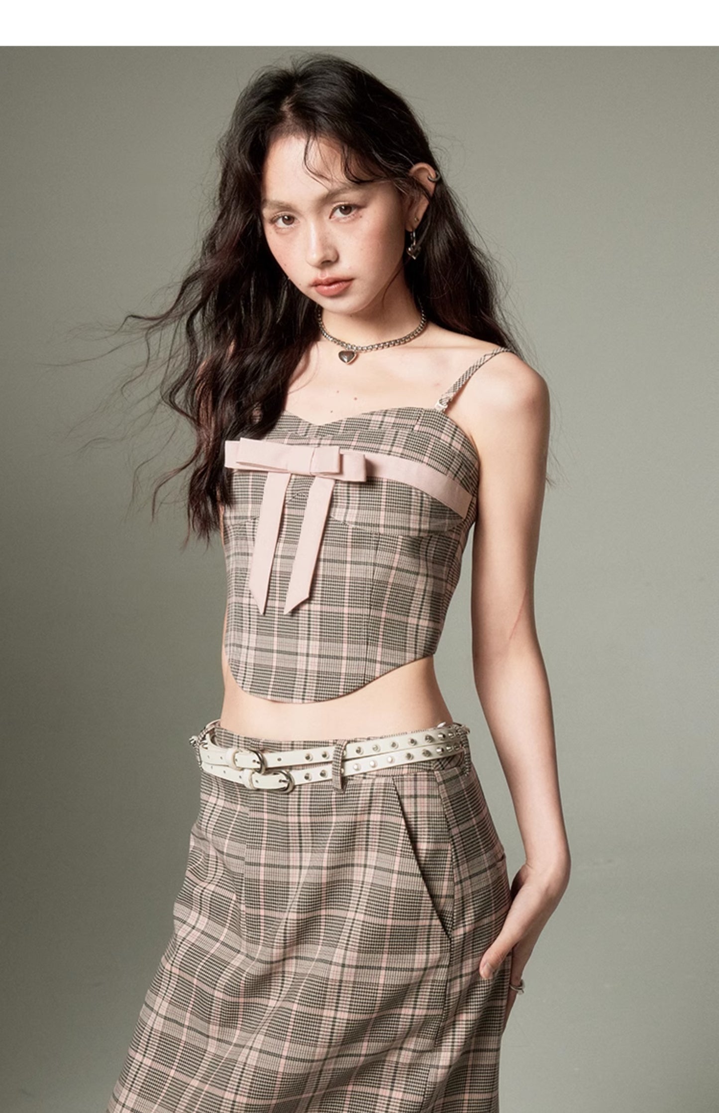 Plaid ribbon tube top &amp; a-line long length skirt set-up