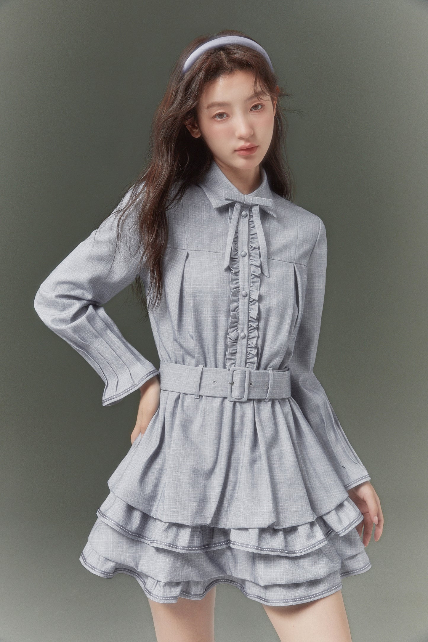 Elegant Plaid Light Taro Blue Ribbon Multilayer Hem Girly Bad Dress