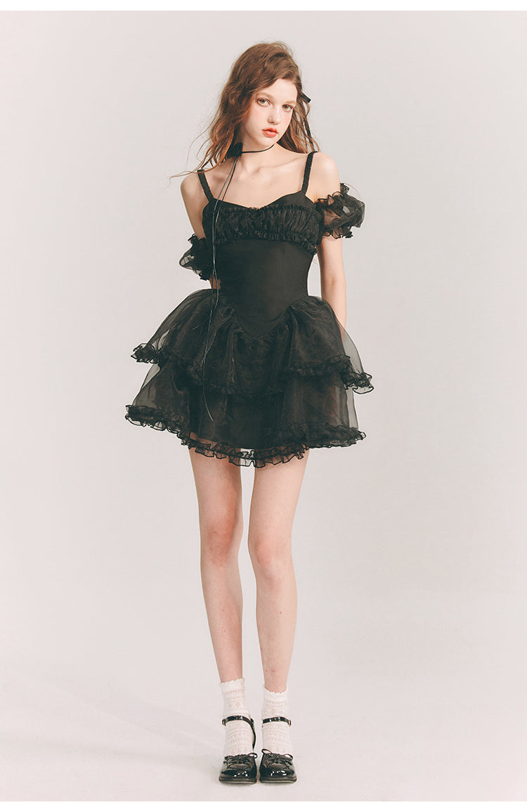 Frill Suspender Puff Skirt Short Dress