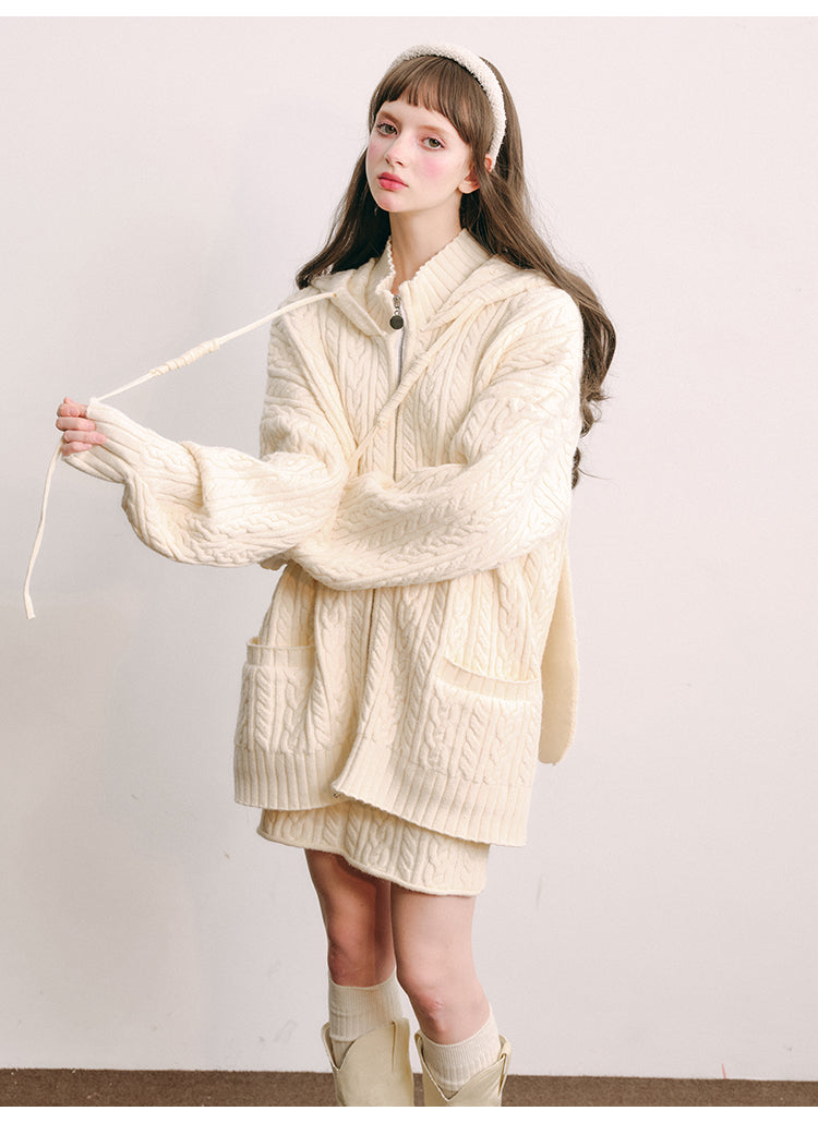 Rabbit ears hooded knit cardigan&Skirt