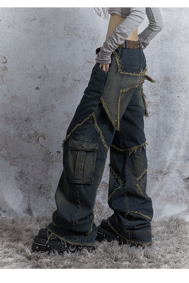 Washed Star Damaged Design Denim Pants