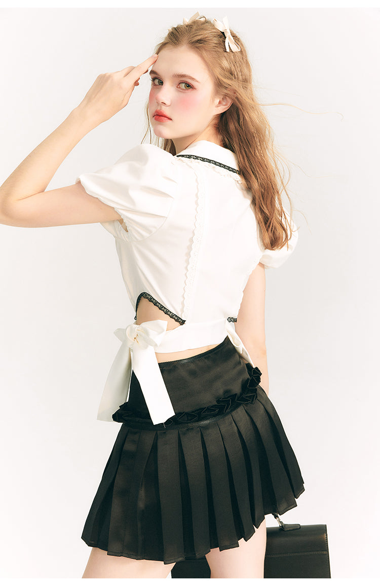 Side Ribbon Puff Sleeve Short Shirt