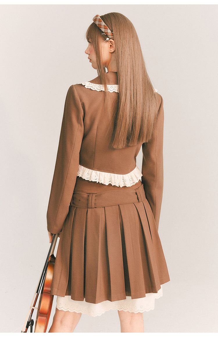 Short Length Frill Neck Jacket & Pleated Skirt Set-Up