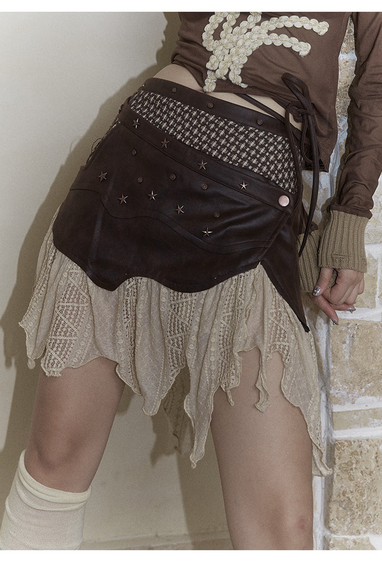 Lace Leather Layered Stitch Short Length Skirt