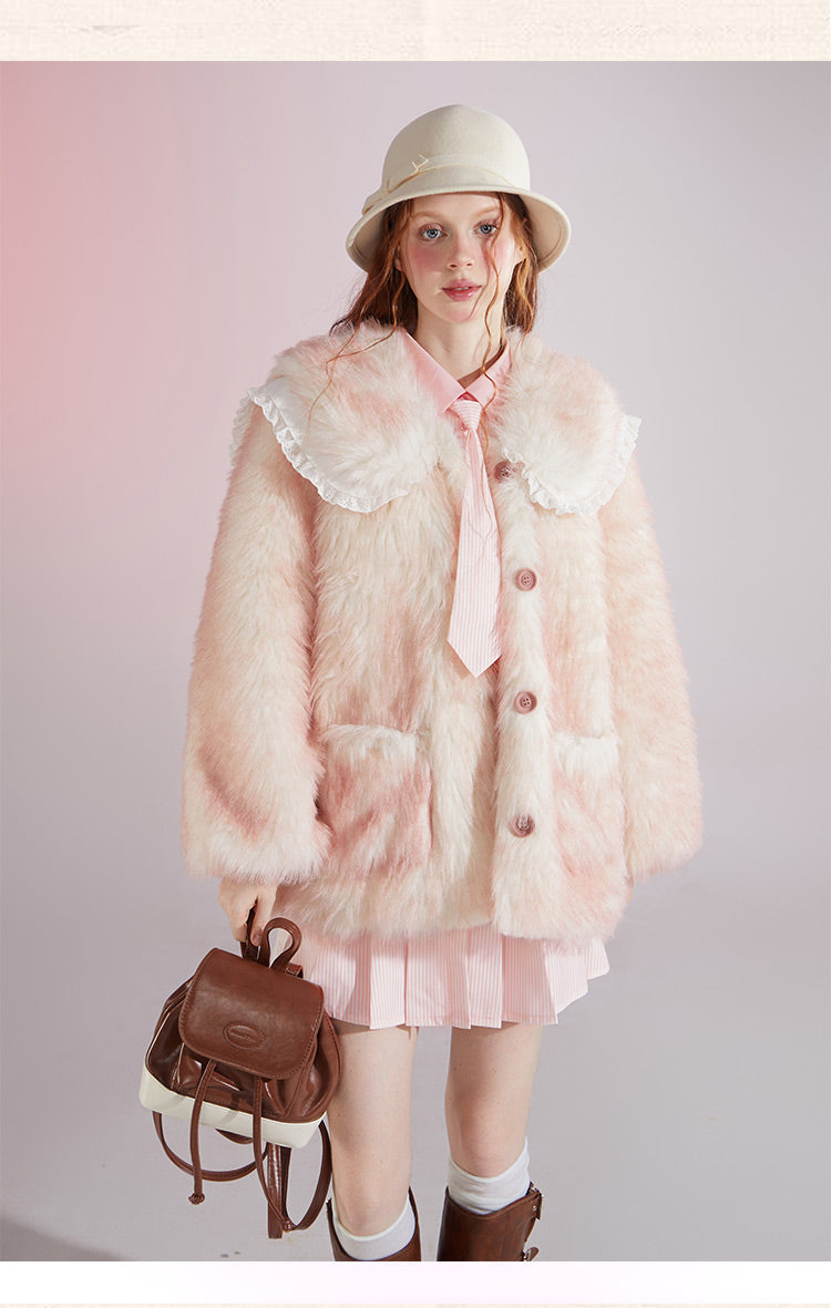 Original designSweet Baby Collar White&Pink Fur Coat