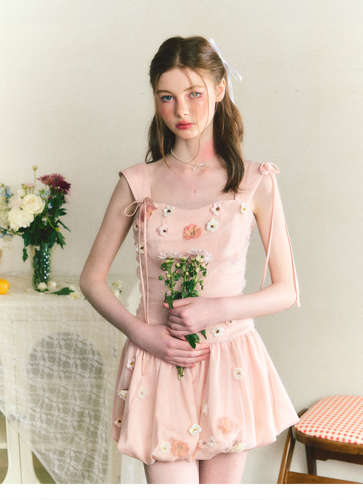 Handmade flower bud suspender dress