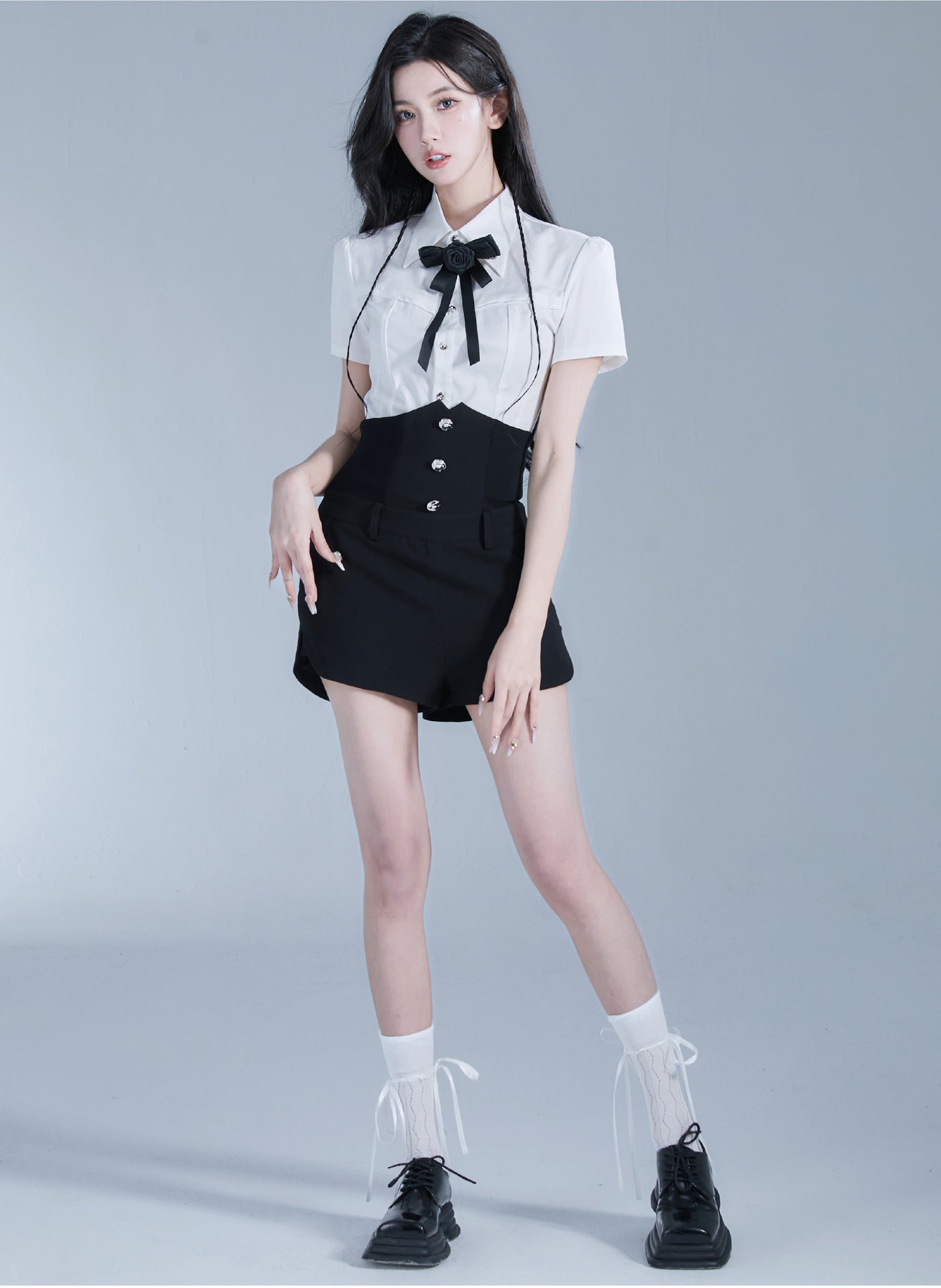 Rose Ribbon Slim Fit Shirt & High Waist Slim Fit Short Length Skirt Set Up