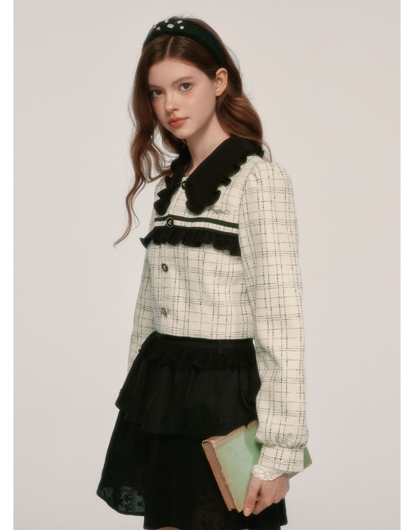 College Style Tweed Blouse & Pleated Skirt