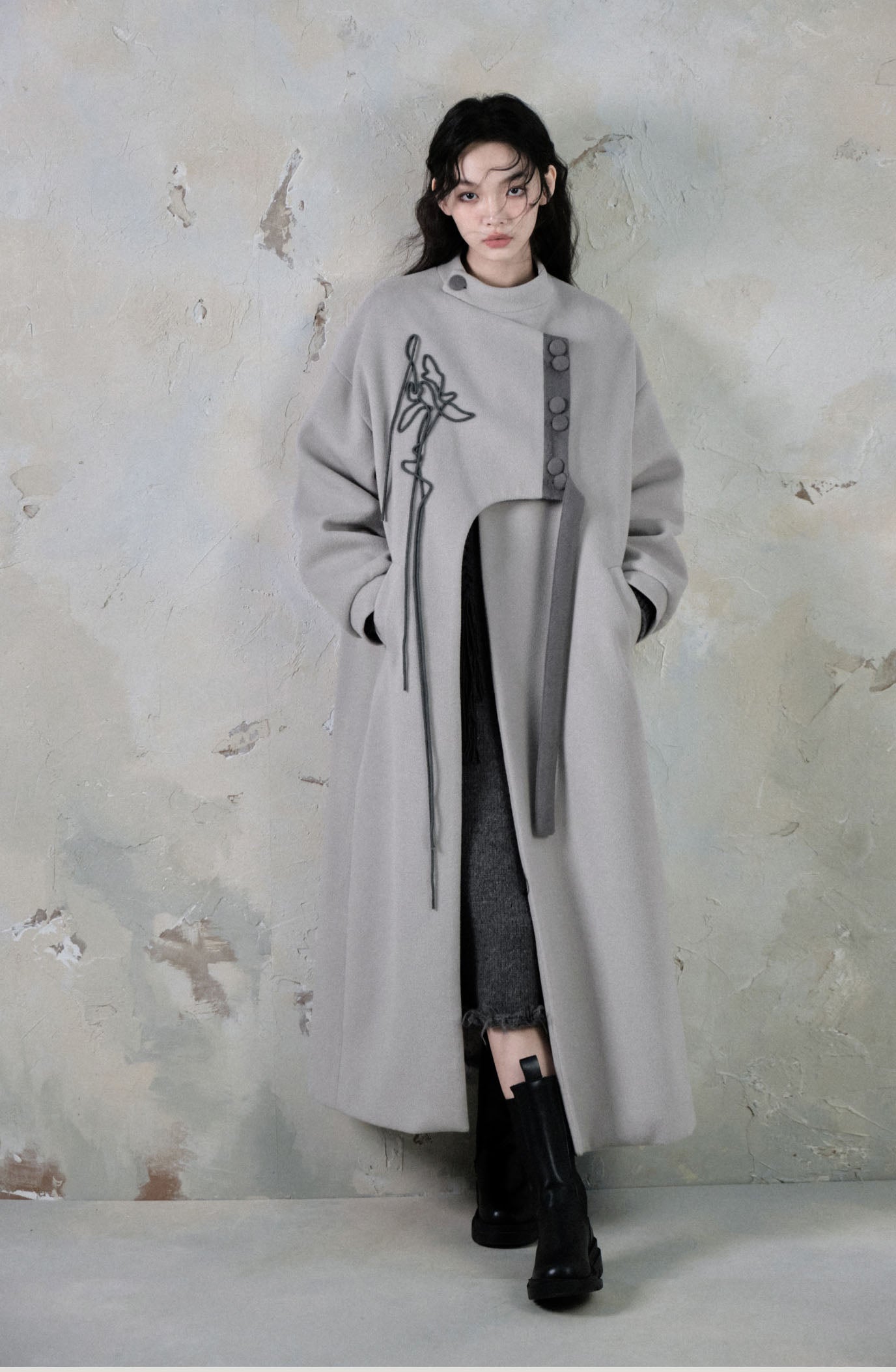 Iris design mid-length new Chinese style national style wool coat jacket