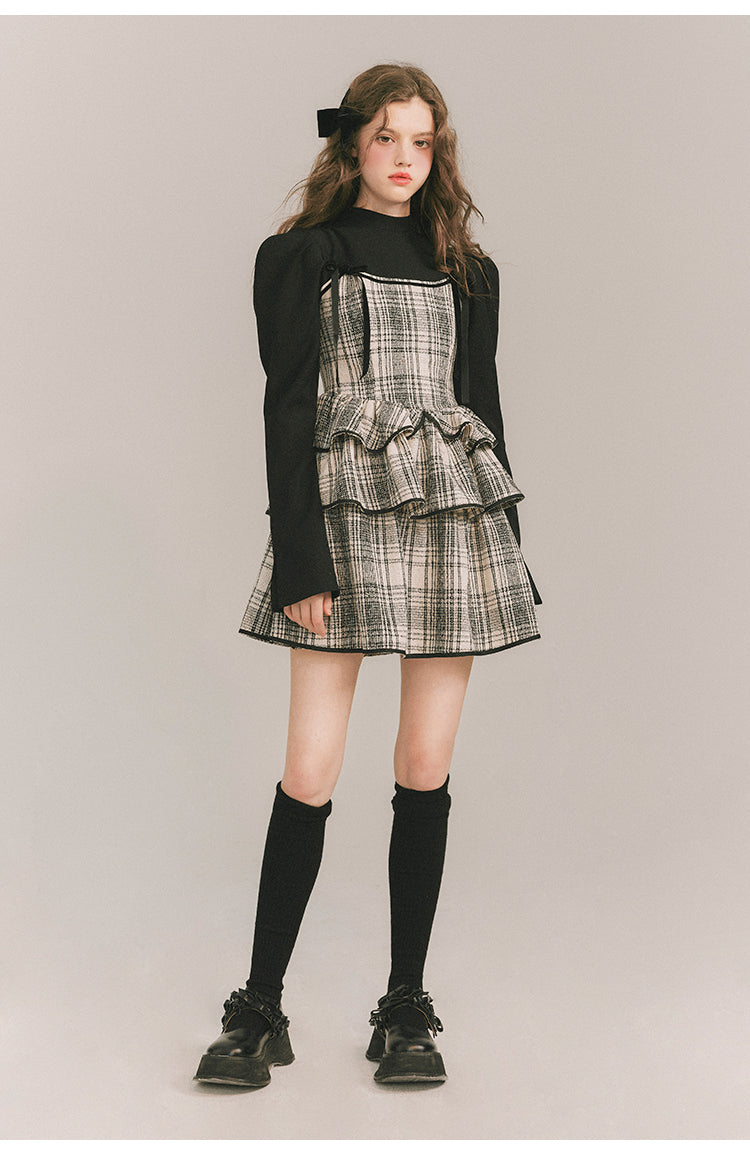 Checkered Shoulder Bow Fake Two-piece Dress