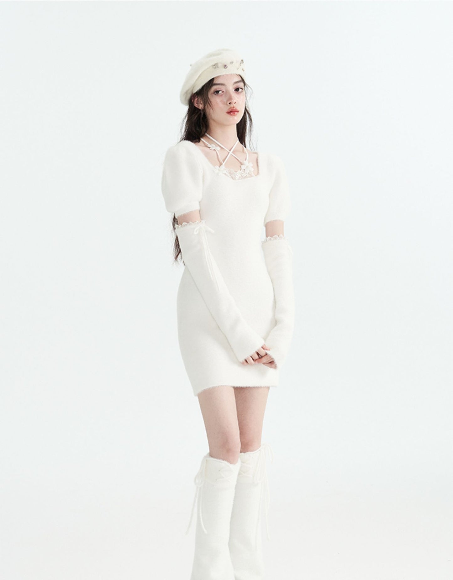 Slim Fit Square Neck Arm Warmer Knit Dresses & Tops