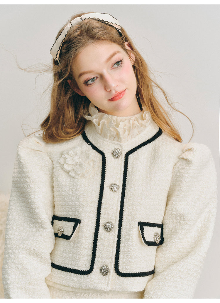 Wool Puff Sleeve Jacket Small Fragrance Lace Suit Skirt