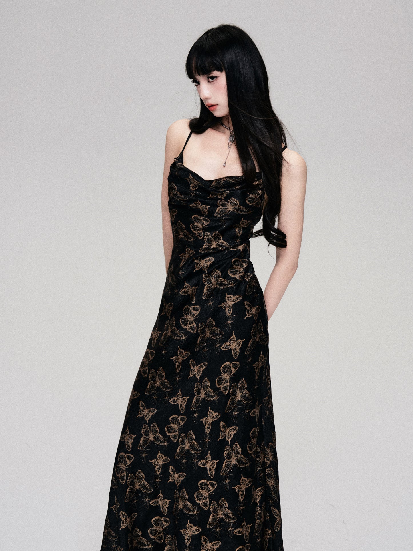 V-Neck Floral Pattern Long Length Suspender Dress