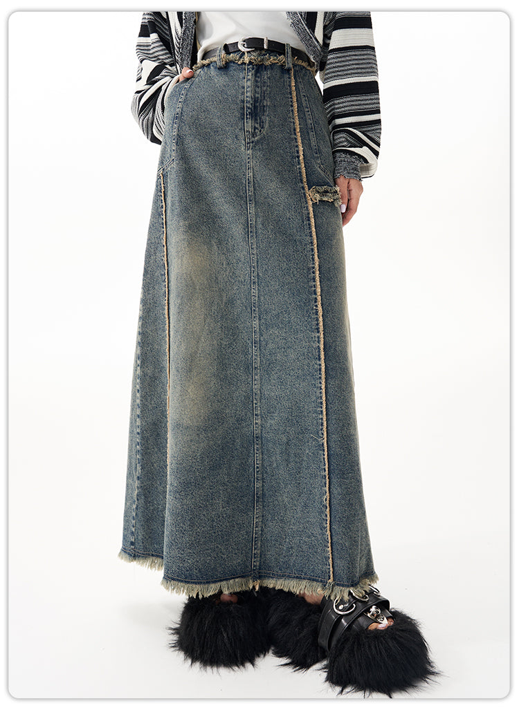 Washed Denim Long Skirt