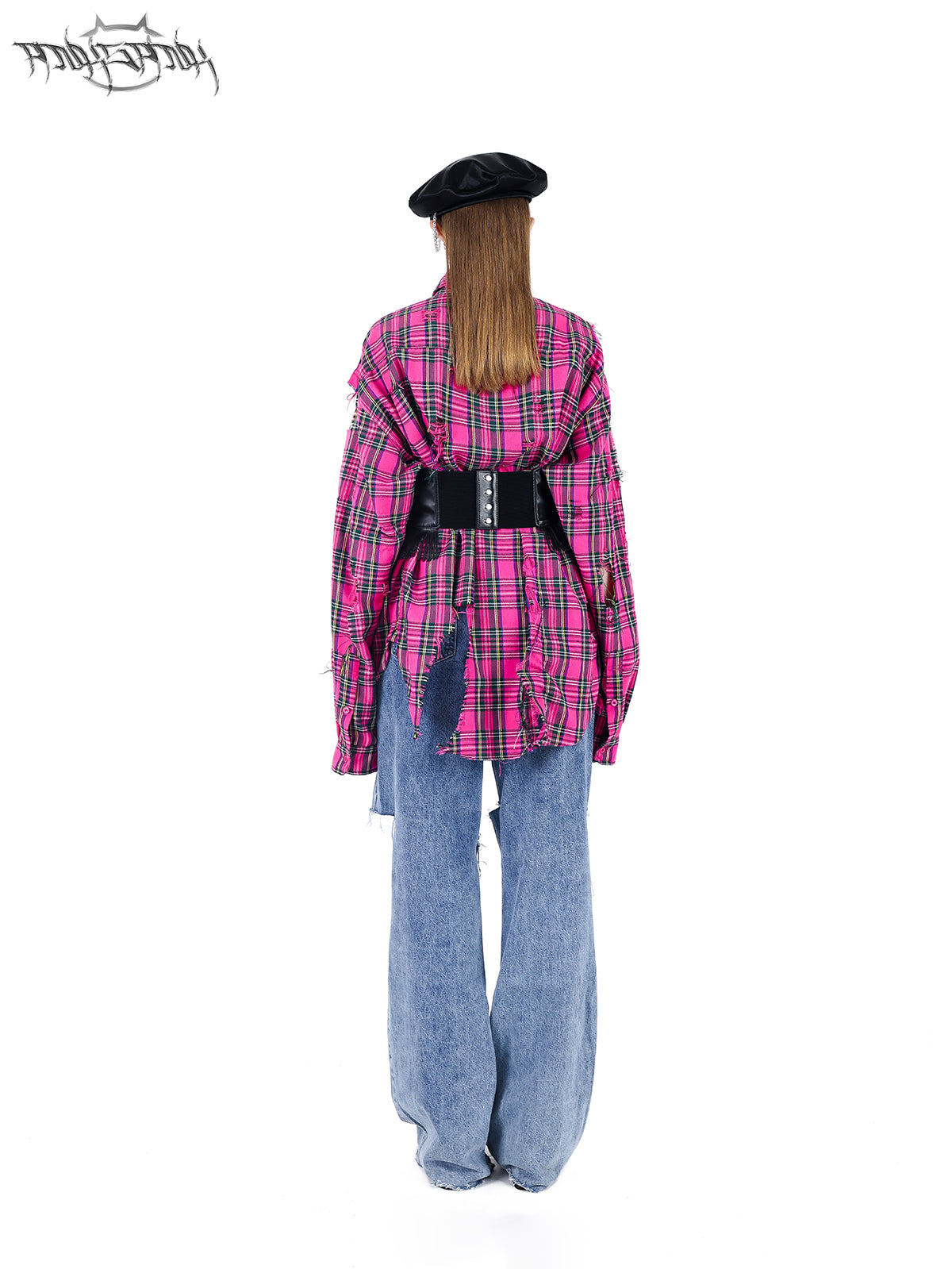 Loose fit pink plaid damaged shirt