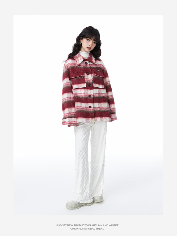 Red Striped Shirt Ledge Style Wool Jacket