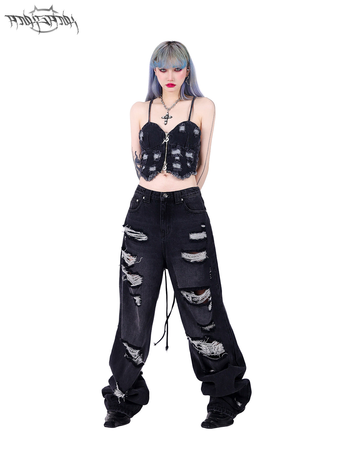 Wide Leg Irregular Damaged Denim Pants