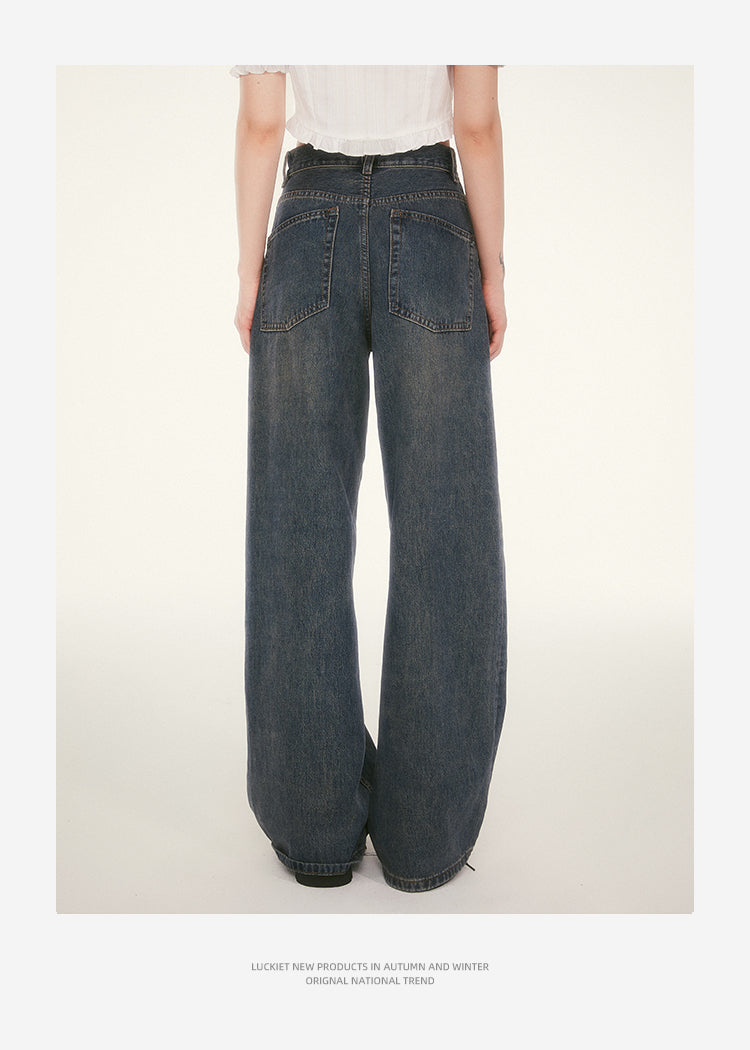 Retro wash wide leg pants casual loose jeans