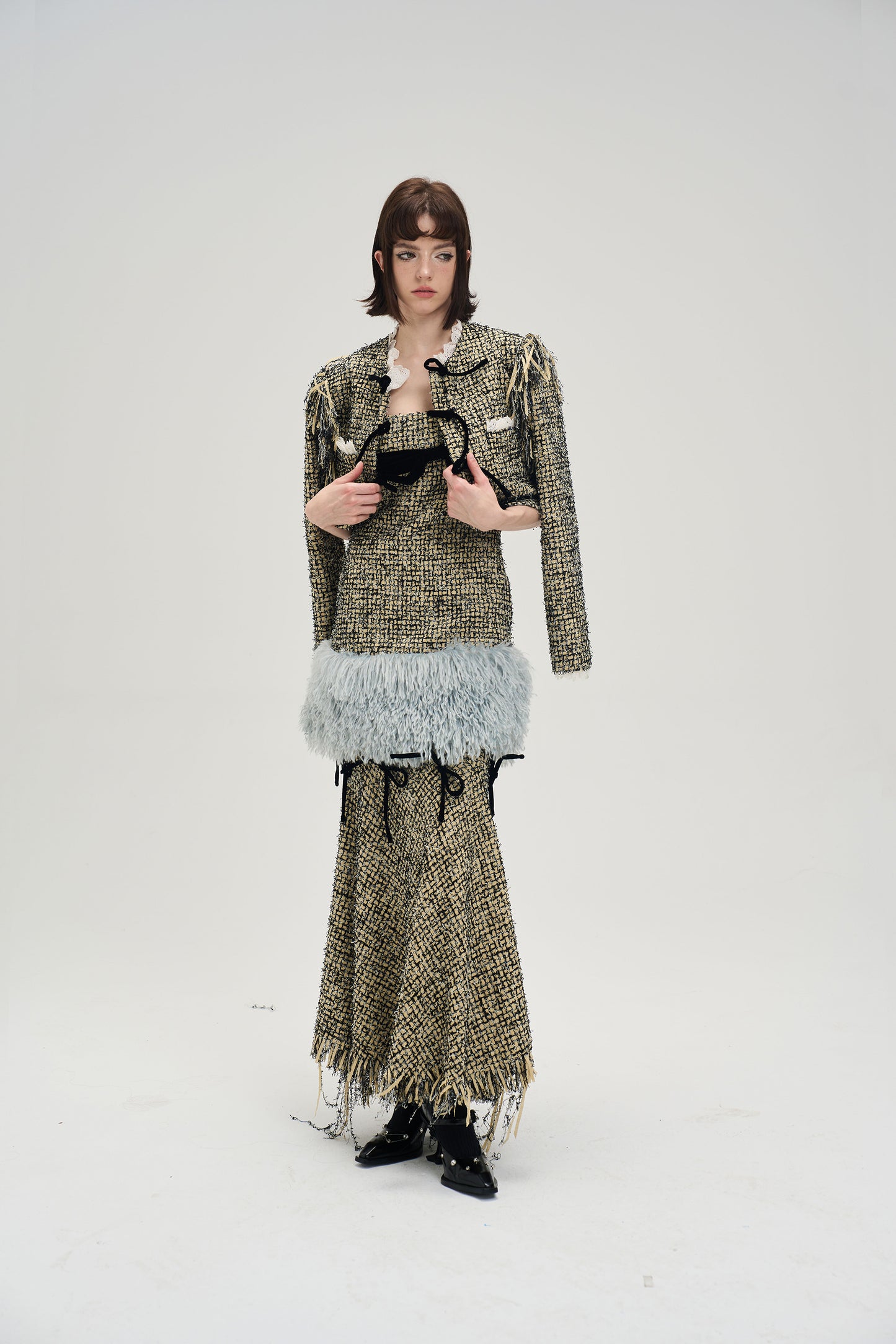 Ribbon Design Short Length Tweed Jacket & Short Length Tweed Ribbon Skirt