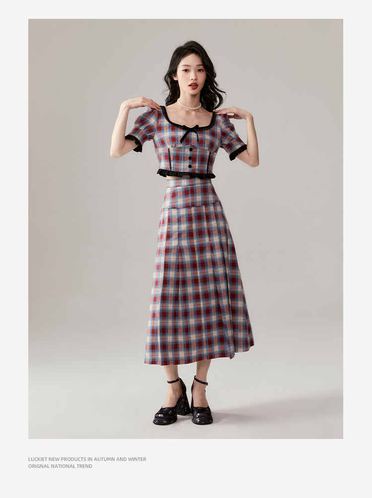 between the Lines Red and blue plaid short sleeve top & skirt