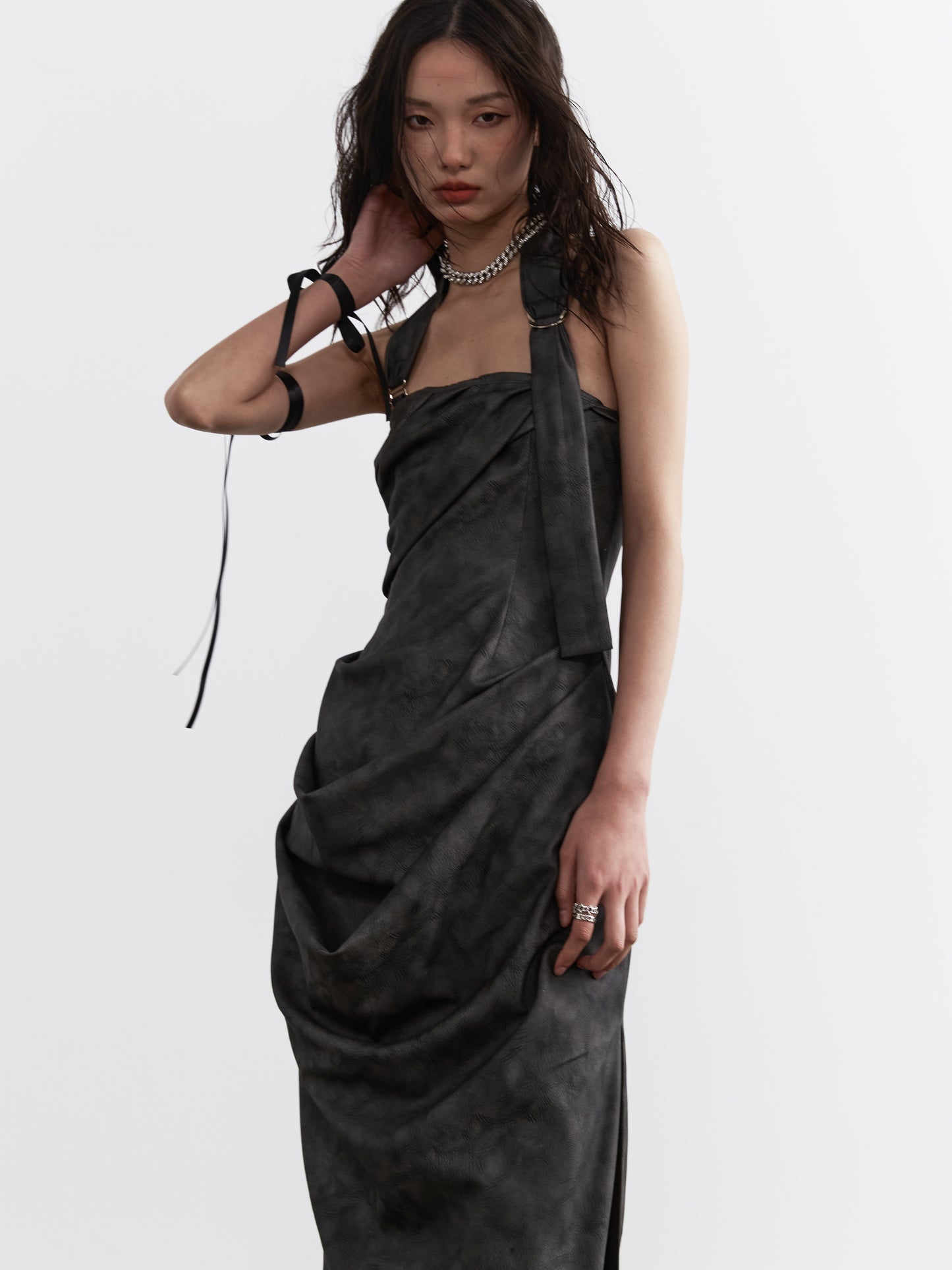 PU leather halter-neck dress