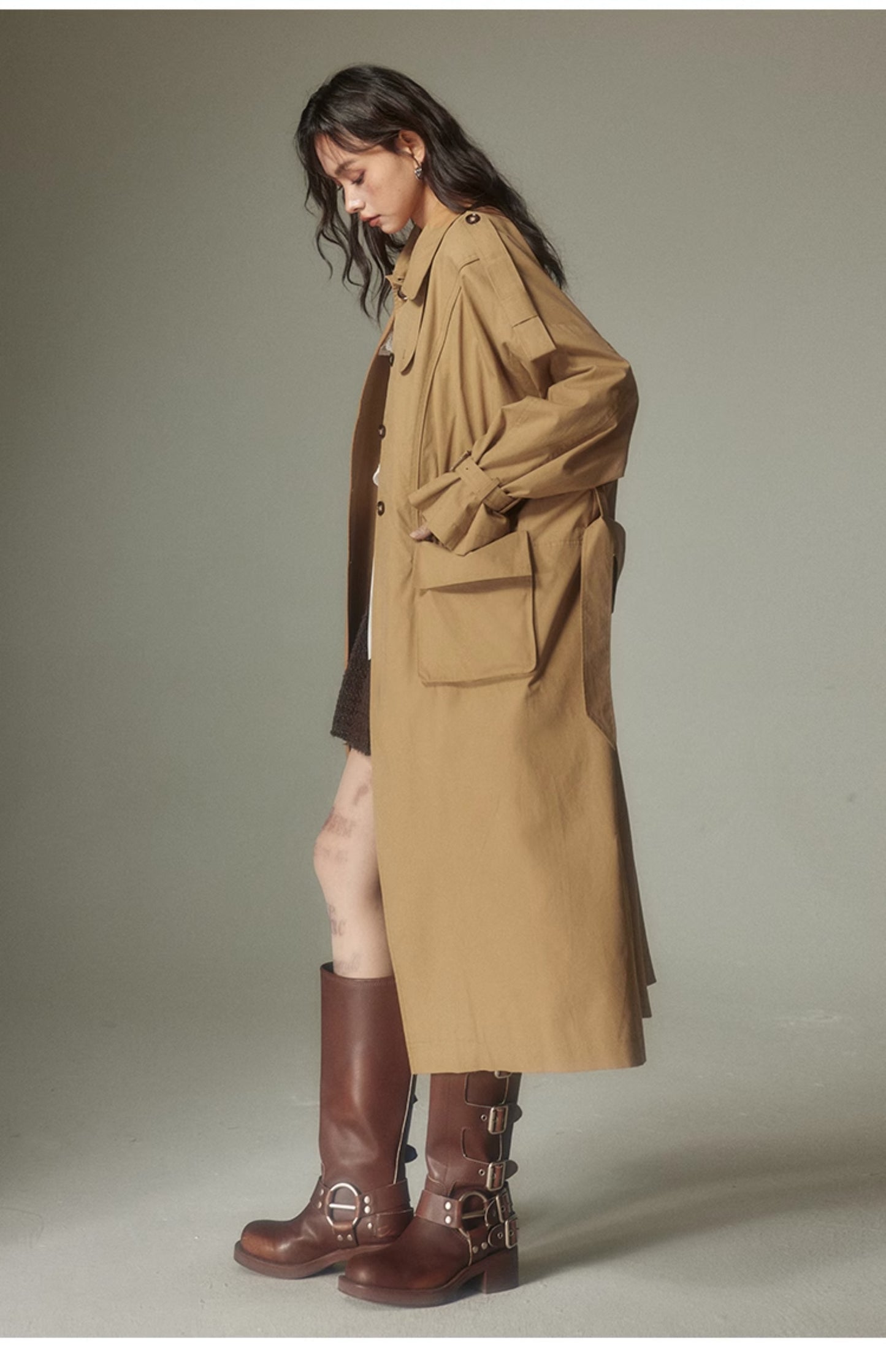 Khaki Retro British Long Trench Coat