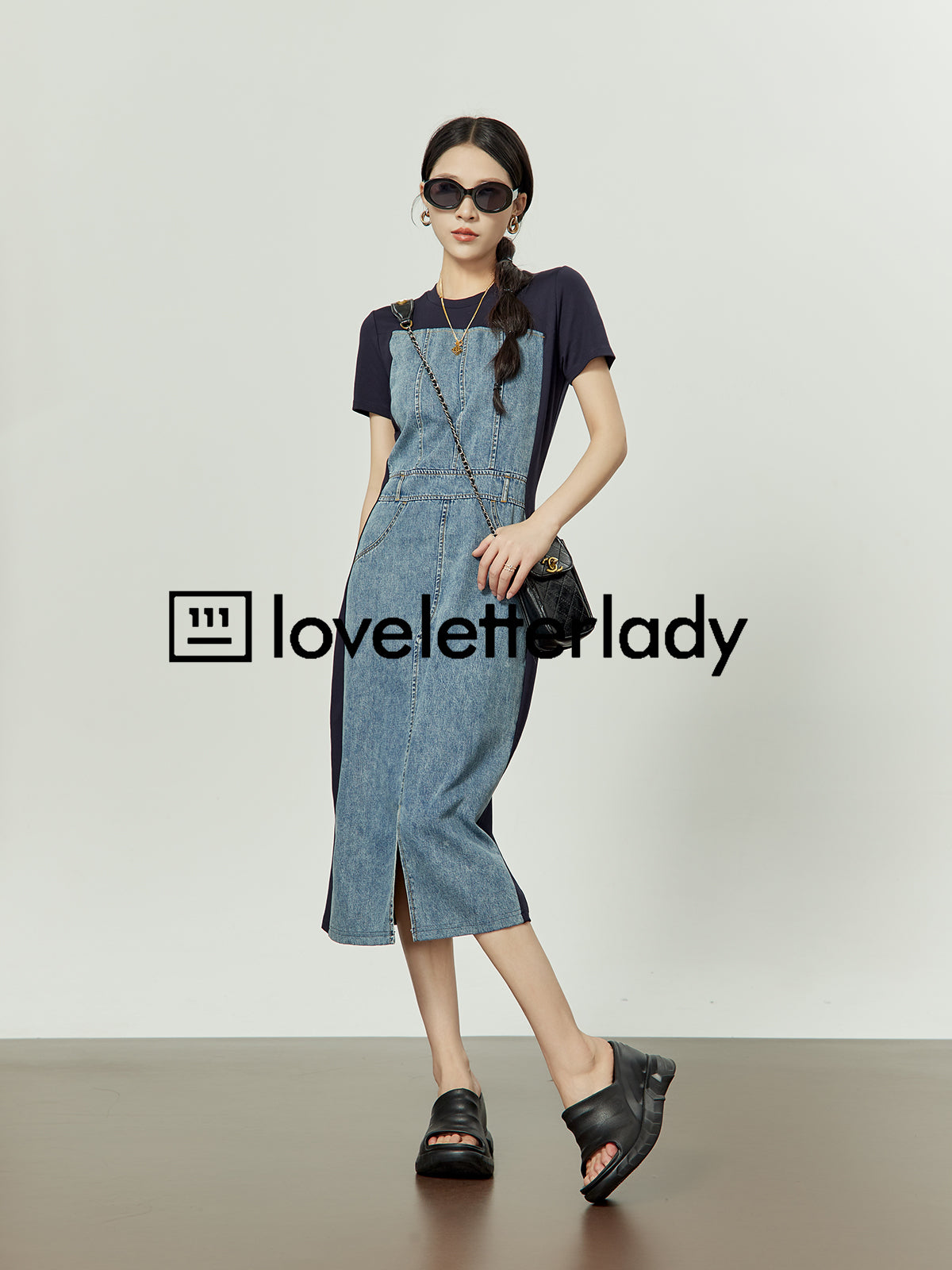 Slit Denim Splicing Dress