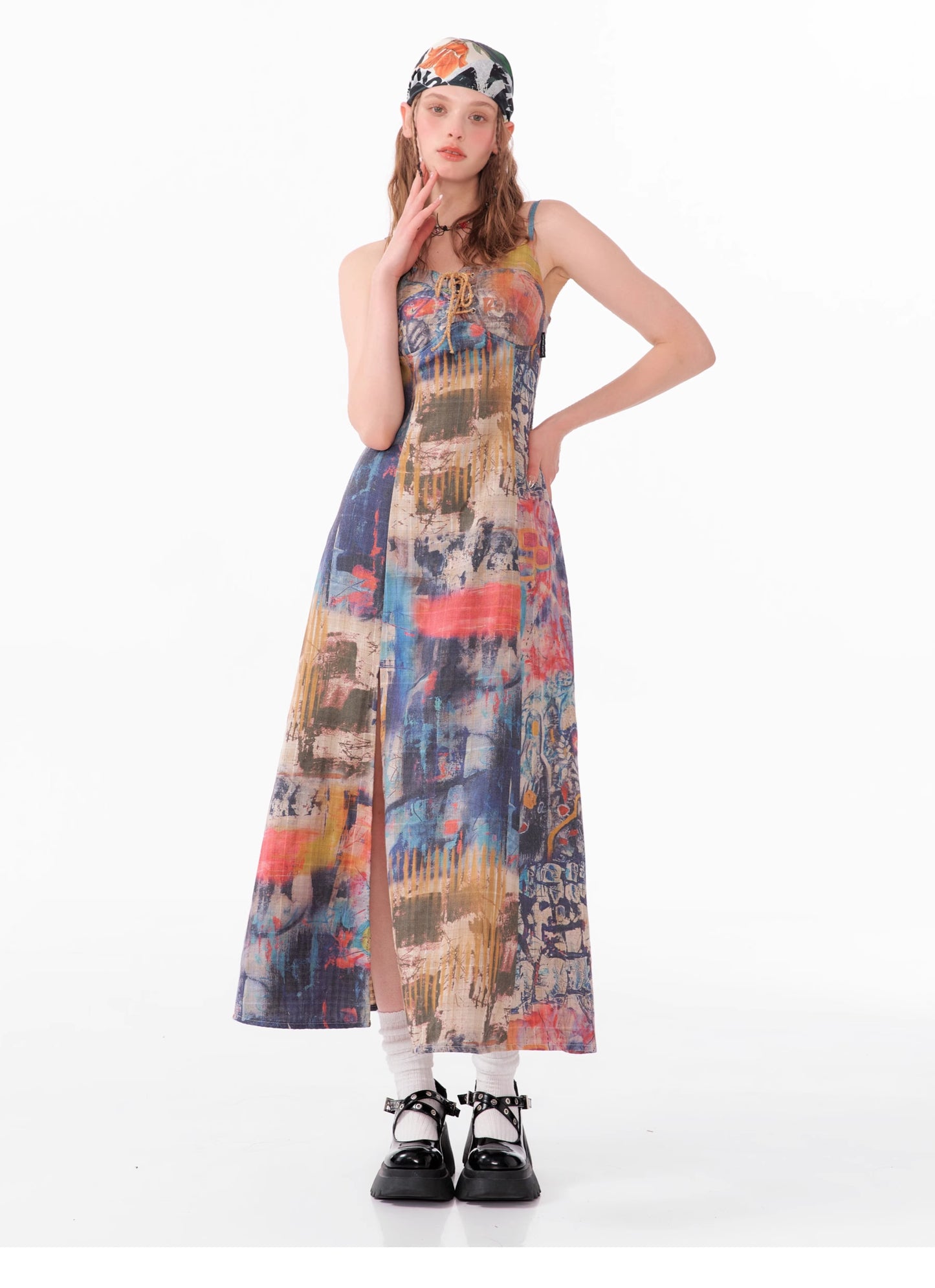 Graffiti print suspender dress