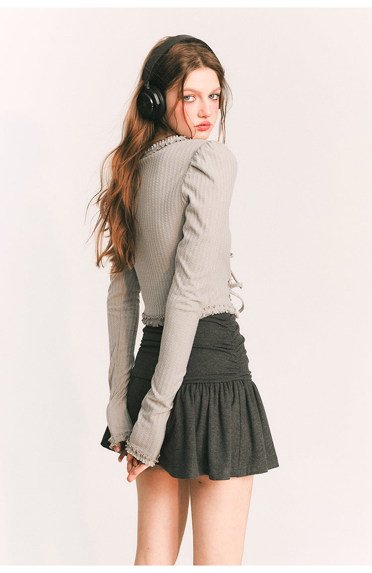 Front  Ribbon Tight Long Sleeve Knit