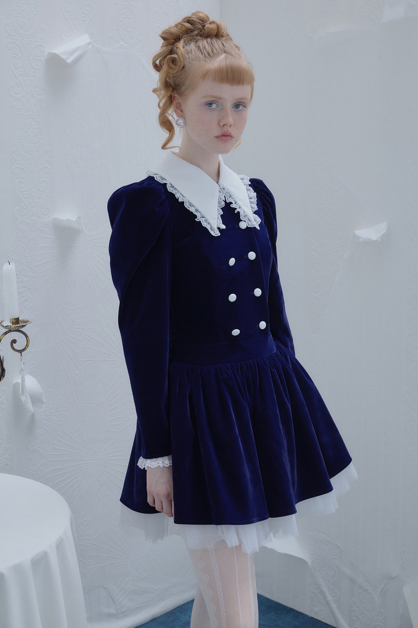 Blue Velvet White Mesh Double Breasted Puff Sleeves Tie Waist Dress