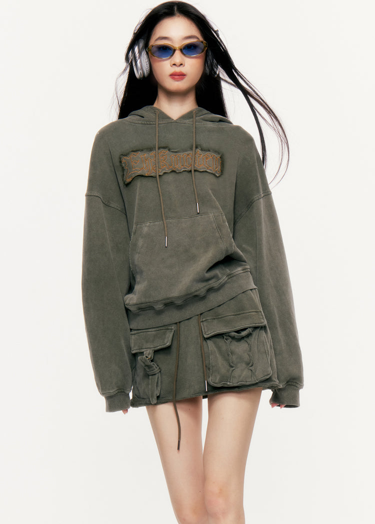 Embroidered Edge Loose Military Green Sweatshirt Setup