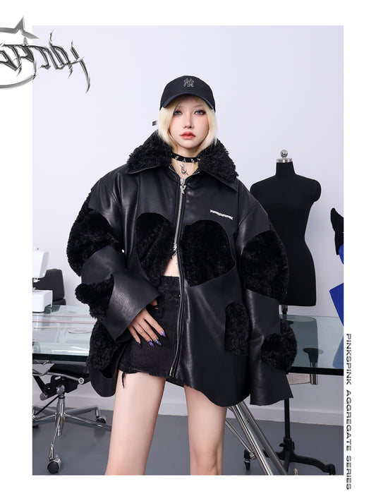 Heart Patch Fur Coat Jacket