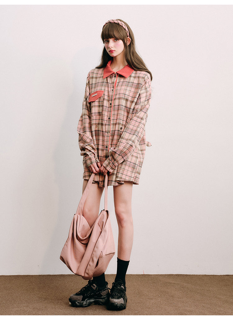 Loose Fit Plaid Shirt Jacket &amp; Pleated Skirt Set-Up