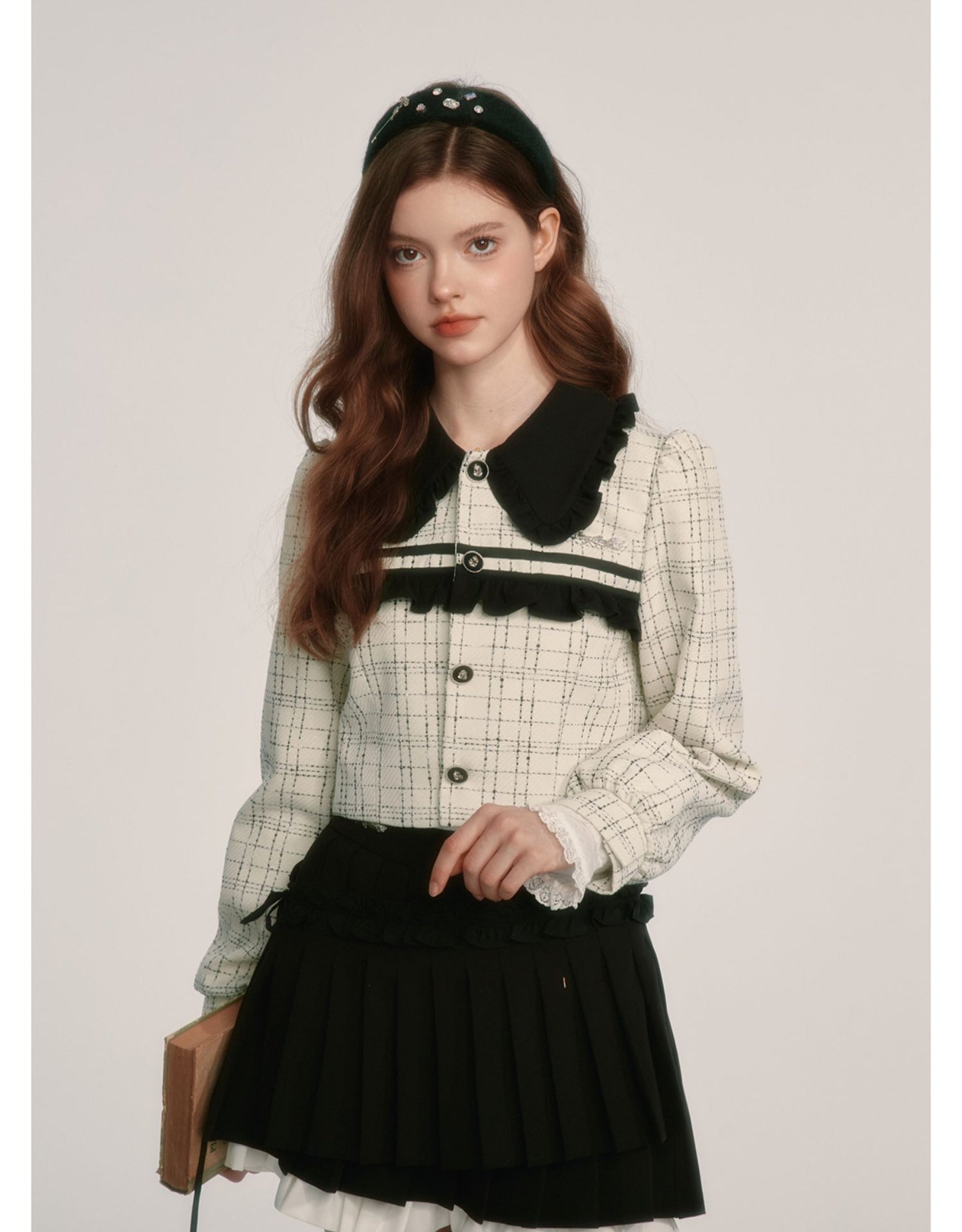 College Style Tweed Blouse & Pleated Skirt