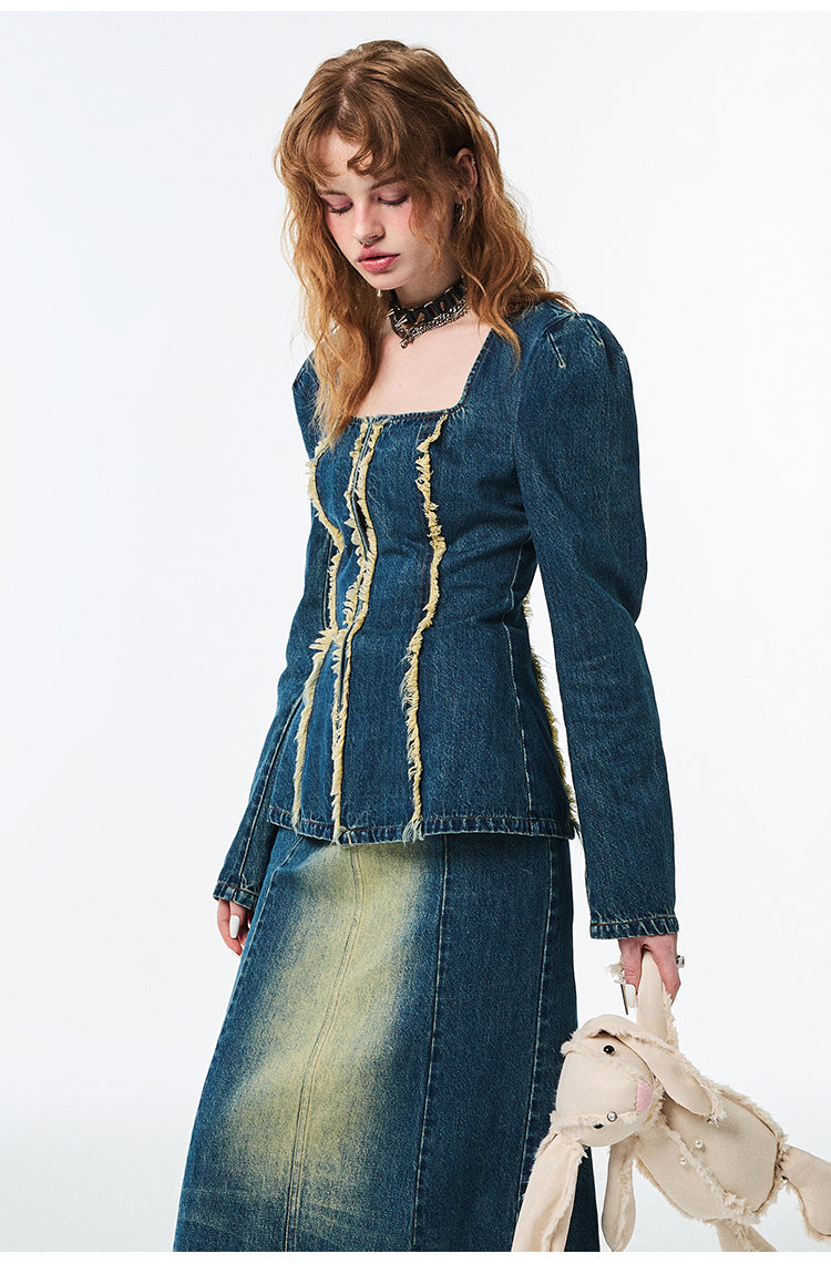 Hip Hugging High Waist Mid Length Denim Skirt